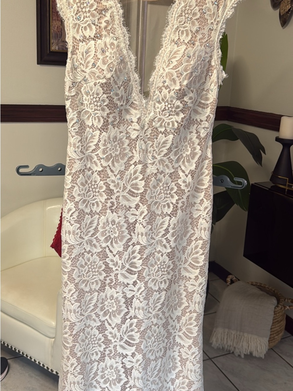 Betsy & Adam Ivory Floral Lace V-Neck Wedding Dress